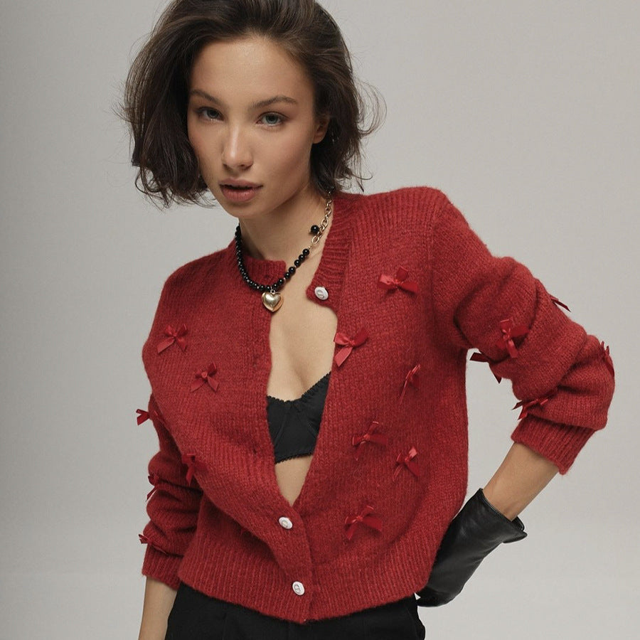 Women’s Bow Knit Cardigan – Korean Casual Loose Fit Acrylic Sweater for Everyday Wear