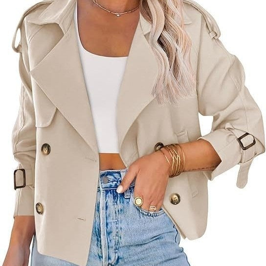 Women’s Double-Breasted Long Sleeve Coat – Elegant Polyester Blazer for Office & Casual Wear