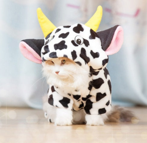 Warm Winter Pet Cat Cow Costume Hoodie Sweatshirt – Cozy Fleece Jumpsuit for Cats