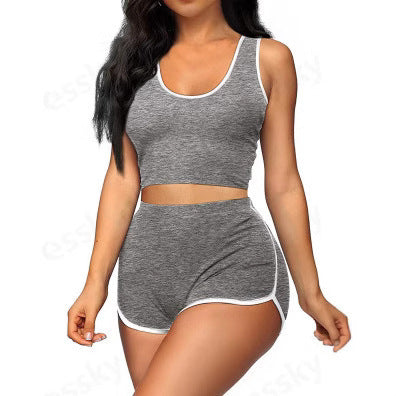 Women’s Color-Matching Sleeveless Top & Shorts Set – Casual Japanese & Korean Style