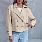 Women’s Double-Breasted Long Sleeve Coat – Elegant Polyester Blazer for Office & Casual Wear