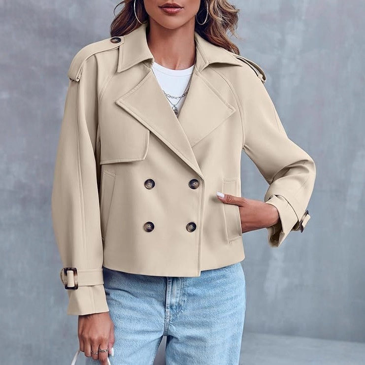 Women’s Double-Breasted Long Sleeve Coat – Elegant Polyester Blazer for Office & Casual Wear
