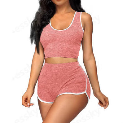 Women’s Color-Matching Sleeveless Top & Shorts Set – Casual Japanese & Korean Style