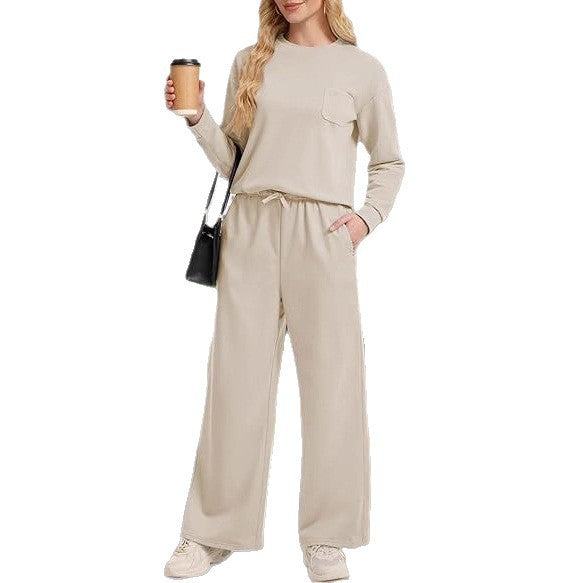 Women’s Korean Casual Two-Piece Co-ord Set – Drawstring Top & Full-Length Trousers