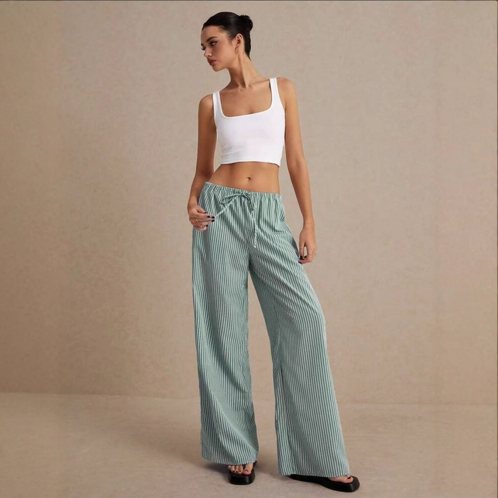 Elastic-Waist Lace-Up Straight-Leg Trousers
