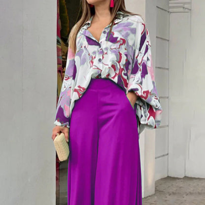 Women’s Solid Color Long Sleeve Polyester Pantsuit – Elegant Two-Piece Trousers Set