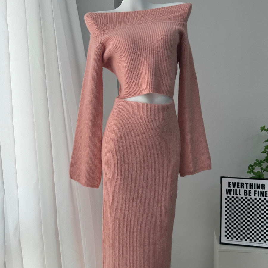 Women’s Solid Color Long Sleeve Sweater & Skirt Set – Acrylic Korean Casual Two-Piece Outfi
