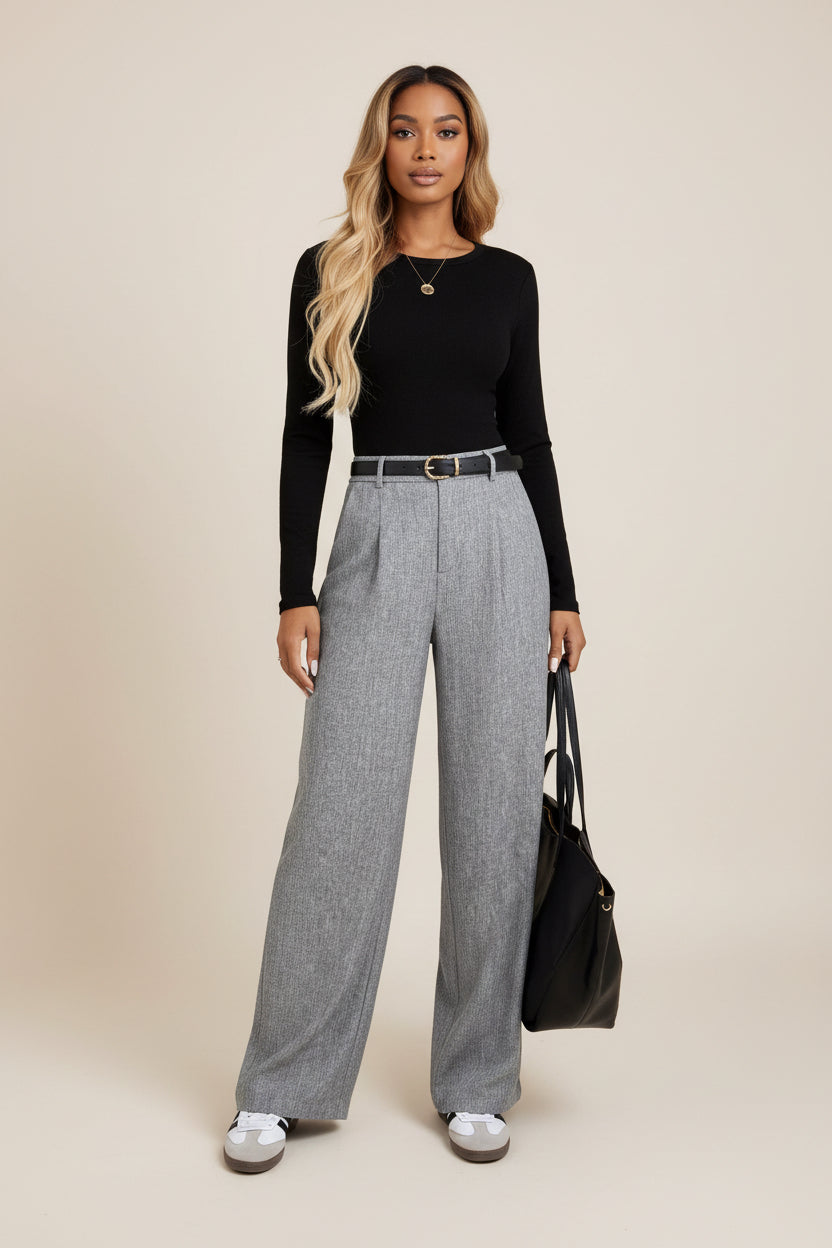Womens New Style Fashionable Commuter Casual Elegant Gray High-Waist Straight-Leg Pants