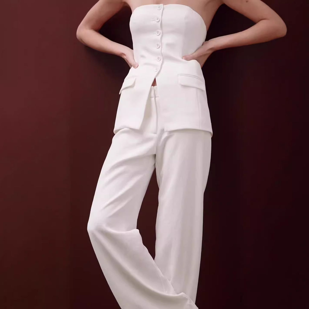 Elegante tweedelige set voor dames – mouwloze top met knoopjes en lange broek voor werk, vrije tijd en avondkleding