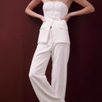 Elegante tweedelige set voor dames – mouwloze top met knoopjes en lange broek voor werk, vrije tijd en avondkleding