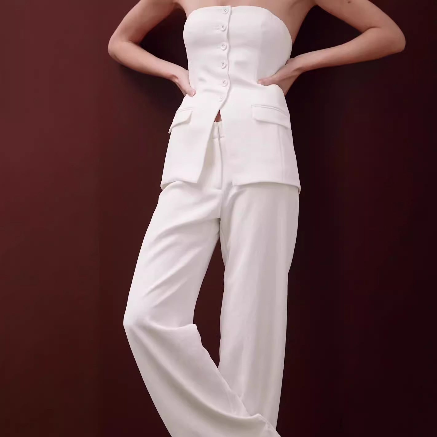 Women’s Elegant Two-Piece Set – Sleeveless Button Top & Full-Length Trousers for Work, Casual, and Evening Wear