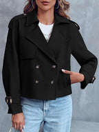 Women’s Double-Breasted Long Sleeve Coat – Elegant Polyester Blazer for Office & Casual Wear