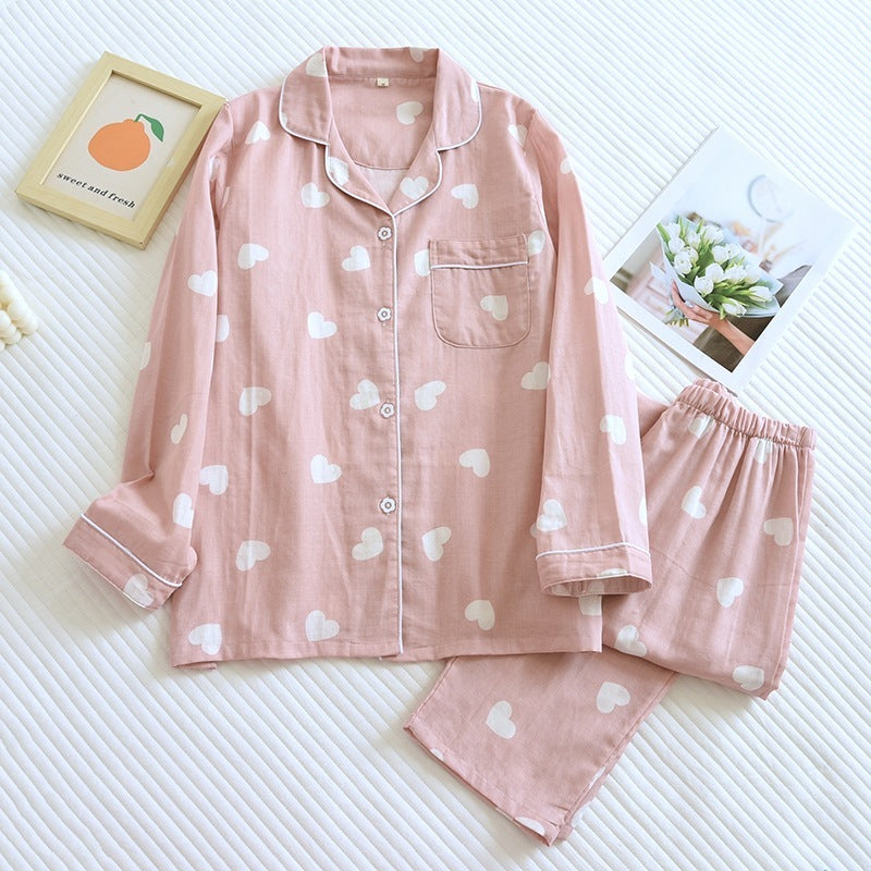 Women’s Cotton Pajama Set – Cute Love Heart Gauze Long Sleeve Top & Pants Sleepwear