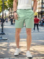 Shorts casuales lisos y elegantes para hombre: shorts de algodón ligeros y cómodos para uso diario. Pack de 3 (verde, blanco, gris claro).