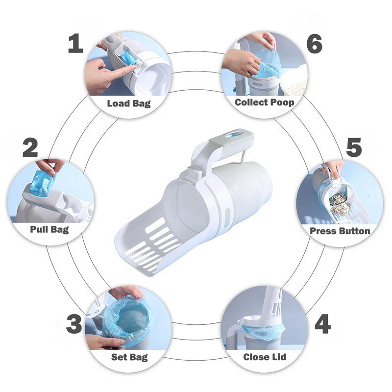 2-in-1 Foldable Litter Scooper for Cats and Dogs with Extra Bags, Easy One-Handed Waste Cleanup, Durable PP Material
