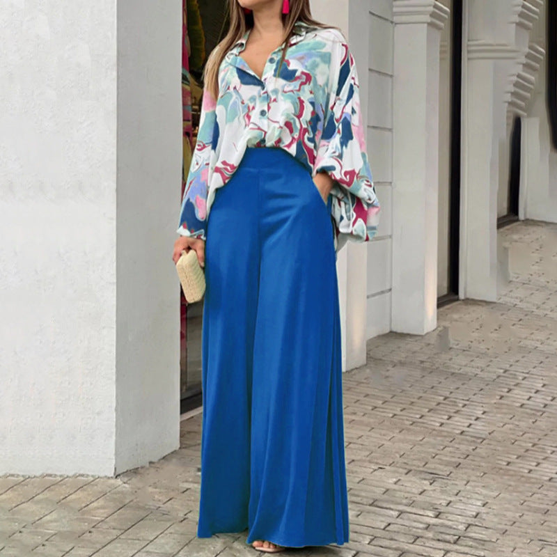 Women’s Solid Color Long Sleeve Polyester Pantsuit – Elegant Two-Piece Trousers Set