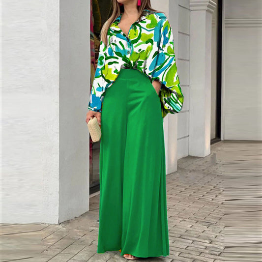 Women’s Solid Color Long Sleeve Polyester Pantsuit – Elegant Two-Piece Trousers Set