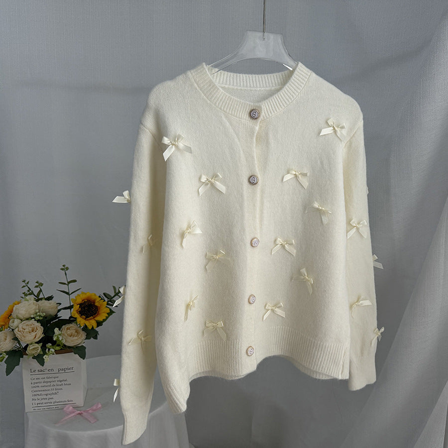 Women’s Bow Knit Cardigan – Korean Casual Loose Fit Acrylic Sweater for Everyday Wear