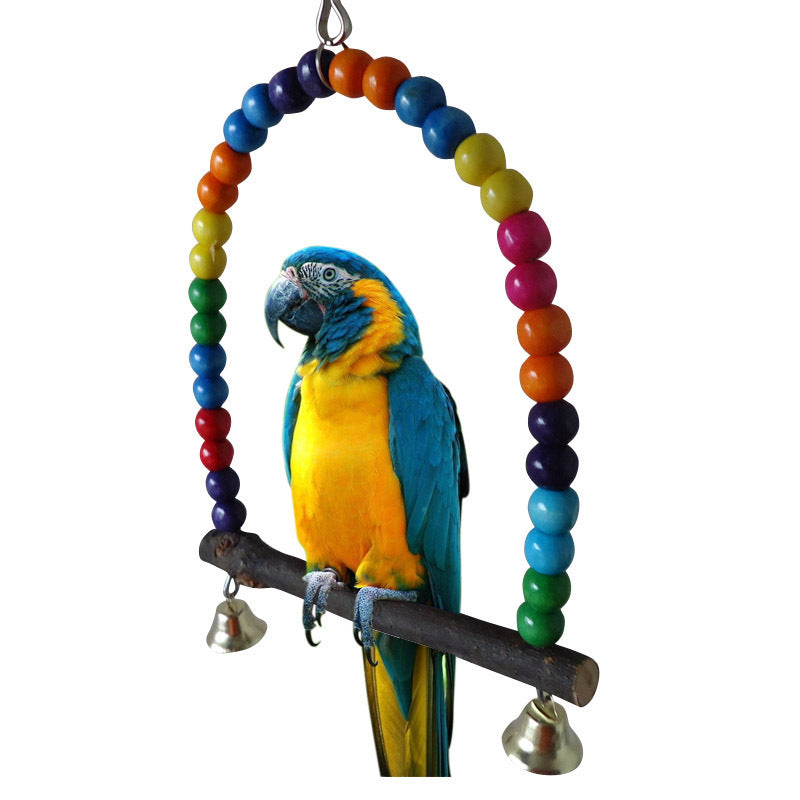Hanging Wooden Bird Swing with Bells and Colorful Beads