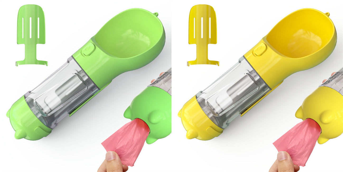 Portable Pet Water Bottle with Food Container & Waste Bag Dispenser – 300ML/500ML Travel Dog Water Dispenser