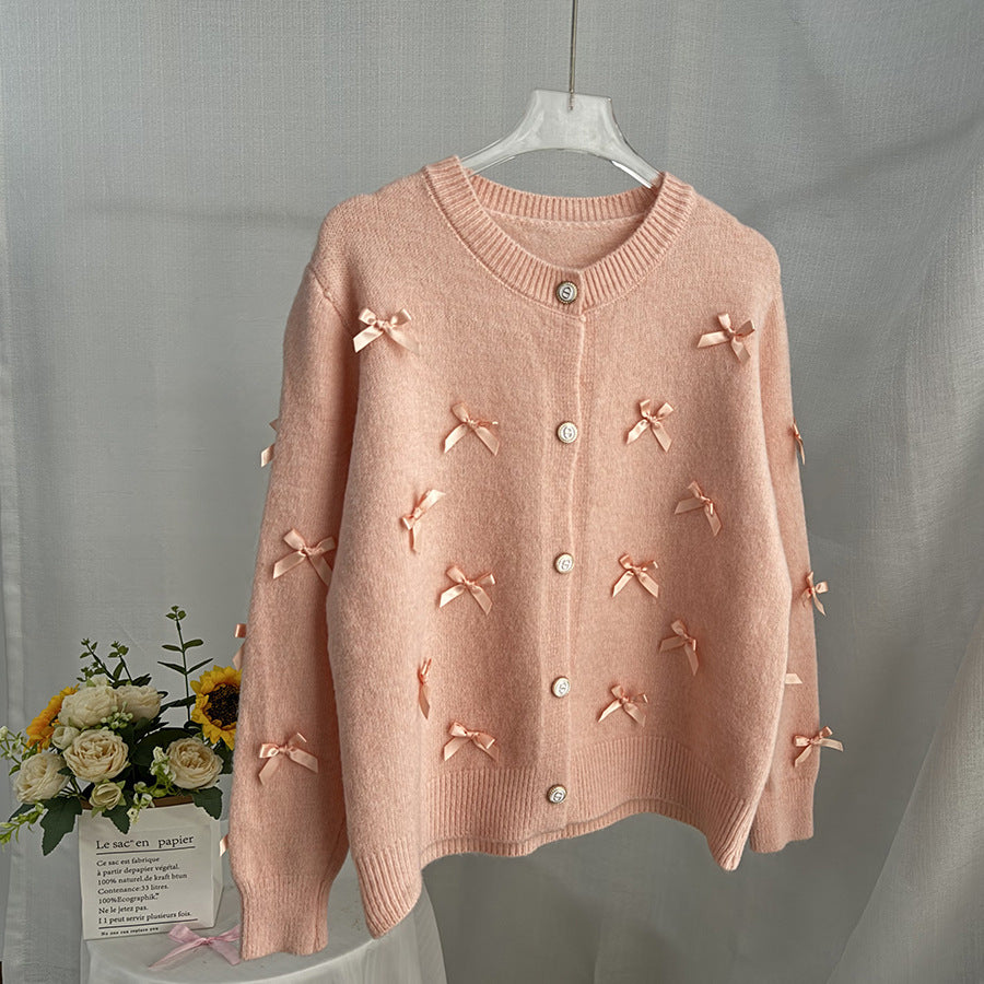 Women’s Bow Knit Cardigan – Korean Casual Loose Fit Acrylic Sweater for Everyday Wear