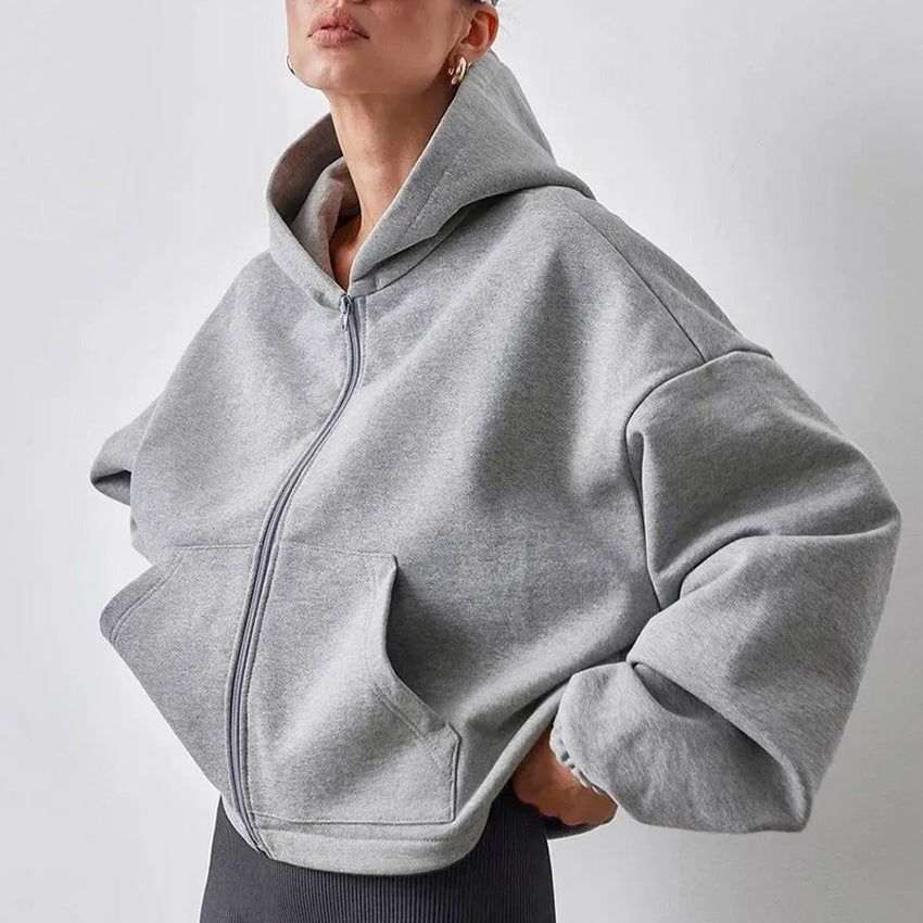 Women’s Zipper Cardigan – Loose Fit Polyester Hoodie for Autumn & Winter Casual Wear