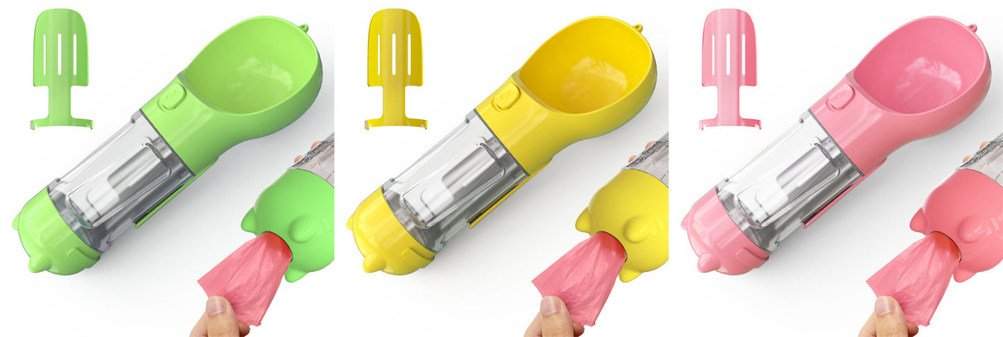 Portable Pet Water Bottle with Food Container & Waste Bag Dispenser – 300ML/500ML Travel Dog Water Dispenser