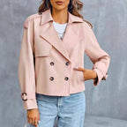 Women’s Double-Breasted Long Sleeve Coat – Elegant Polyester Blazer for Office & Casual Wear