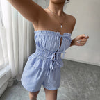 Women’s Striped Plaid Two-Piece Set – Lace-Up Sleeveless Top & Matching Shorts