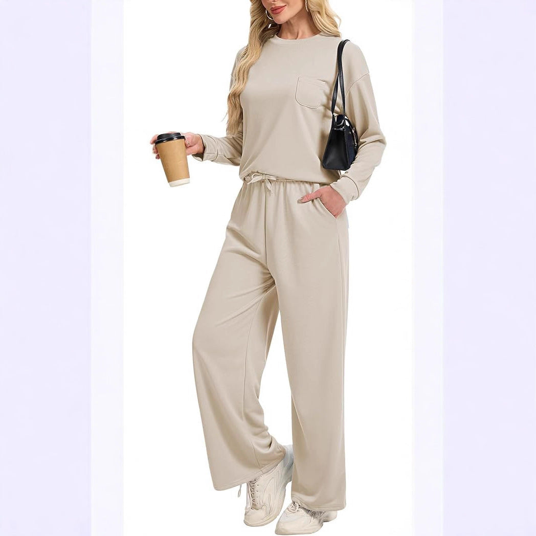 Women’s Korean Casual Two-Piece Co-ord Set – Drawstring Top & Full-Length Trousers