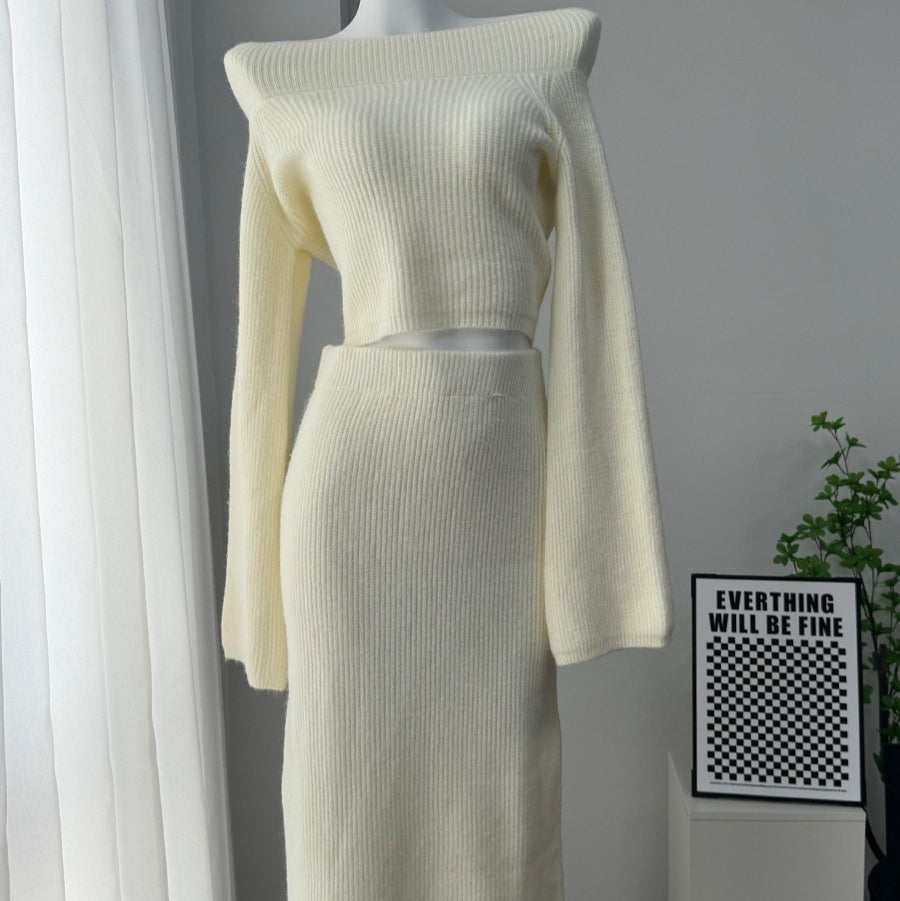 Women’s Solid Color Long Sleeve Sweater & Skirt Set – Acrylic Korean Casual Two-Piece Outfi