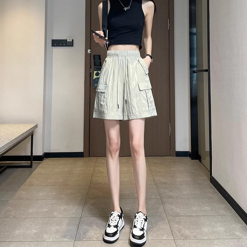 Women’s Street Fashion Elastic Waist Pocket Pants – Thin Polyester Fifth Pants