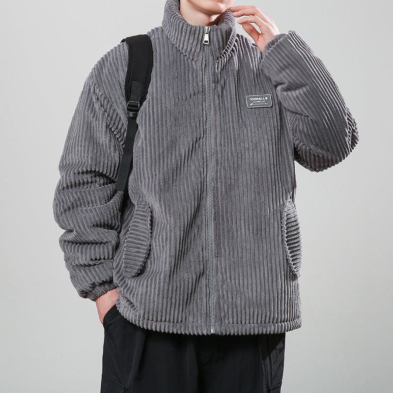 Men’s Corduroy Cardigan Coat – Korean Style Casual Outerwear Jacket | Soft Polyester Fiber, Comfortable Fit & Straight Hem Design