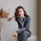 Women’s Solid Color Long Sleeve Sweater & Skirt Set – Acrylic Korean Casual Two-Piece Outfi