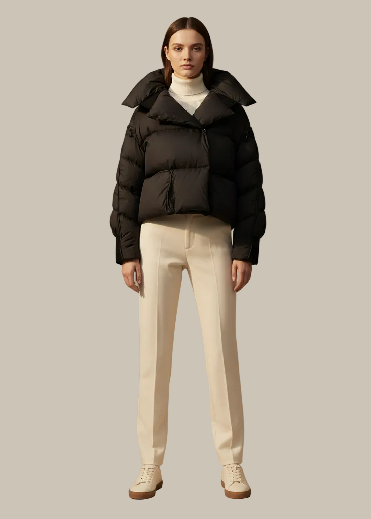 Person wearing a black puffer jacket and beige pants on a neutral background