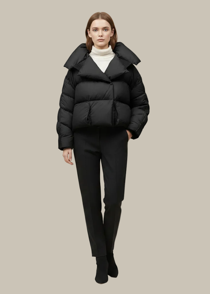Person wearing a black puffer jacket and black pants on a beige background