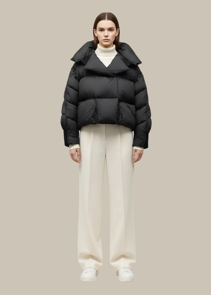 Person wearing a black puffer jacket and white pants on a beige background