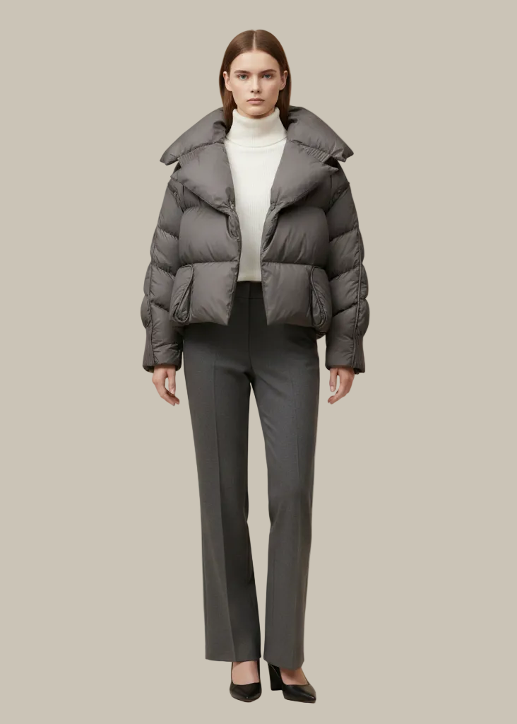 Person wearing a gray puffer jacket and pants on a beige background