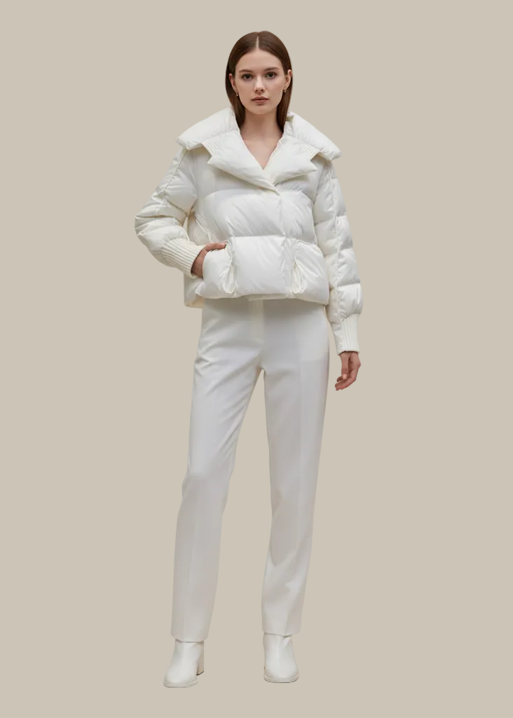 Woman wearing a white puffer jacket and pants on a beige background