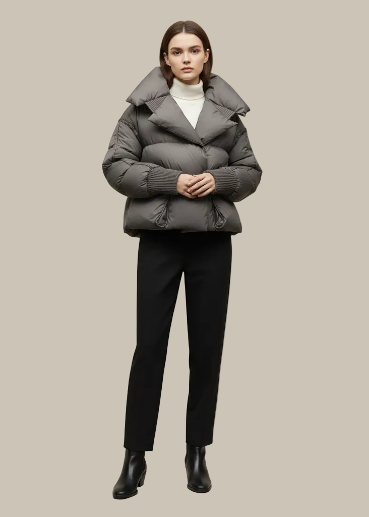 Woman wearing a gray puffer jacket and black pants on a beige background