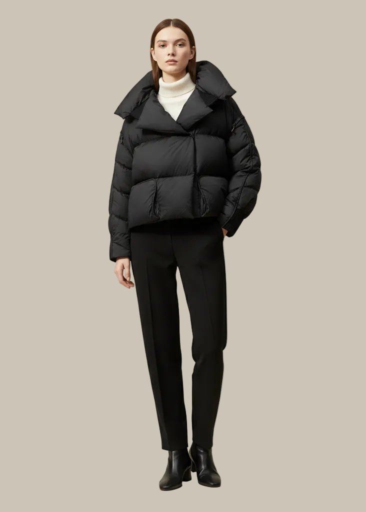 Person wearing a black puffer jacket on a beige background