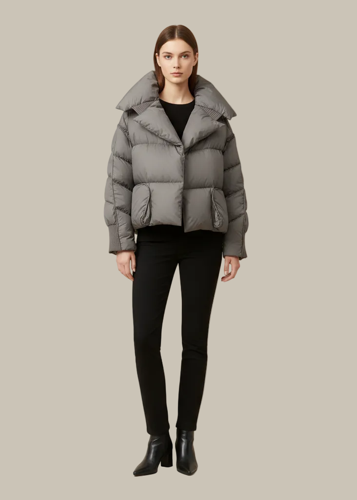 Woman wearing a gray puffer jacket on a beige background