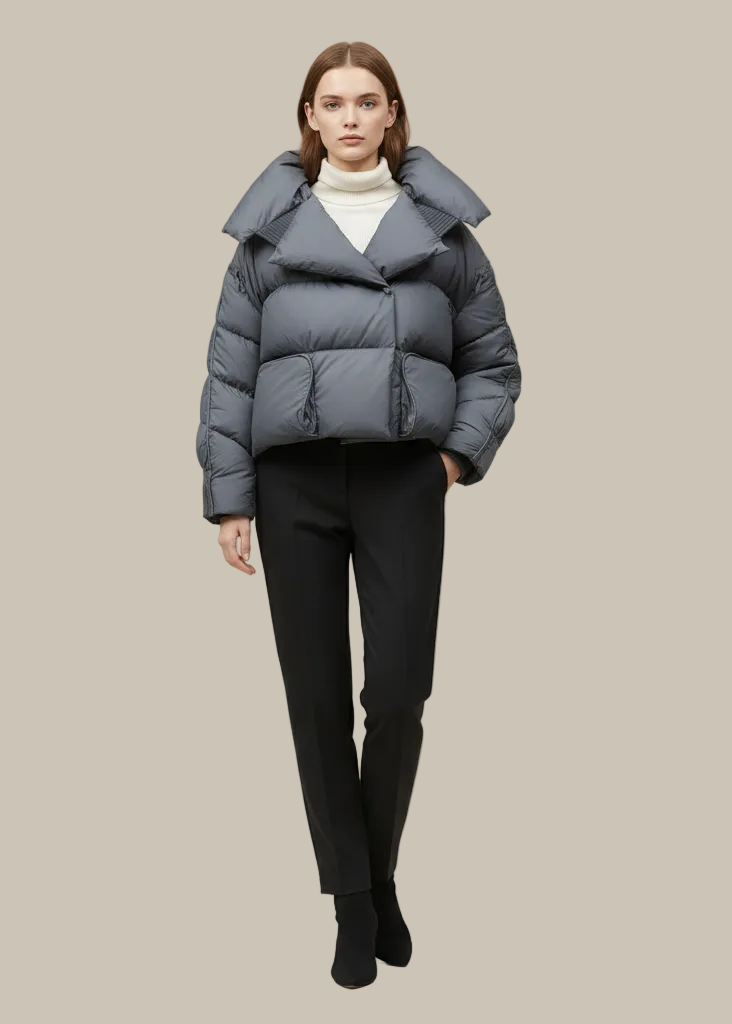 Woman wearing a blue puffer jacket and black pants on a beige background