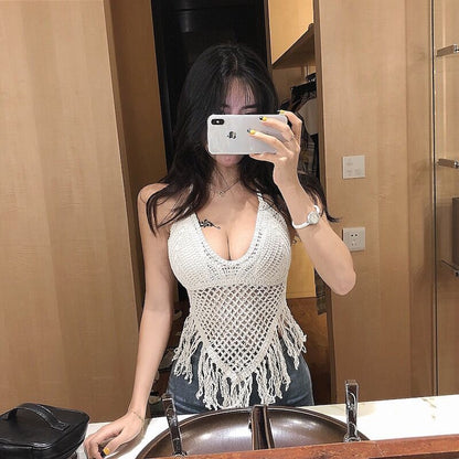 Tassel Lace-Up Slim Fit Suspender Top for Women – Solid Color, Polyester, Free Size