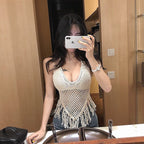 Tassel Lace-Up Slim Fit Suspender Top for Women – Solid Color, Polyester, Free Size