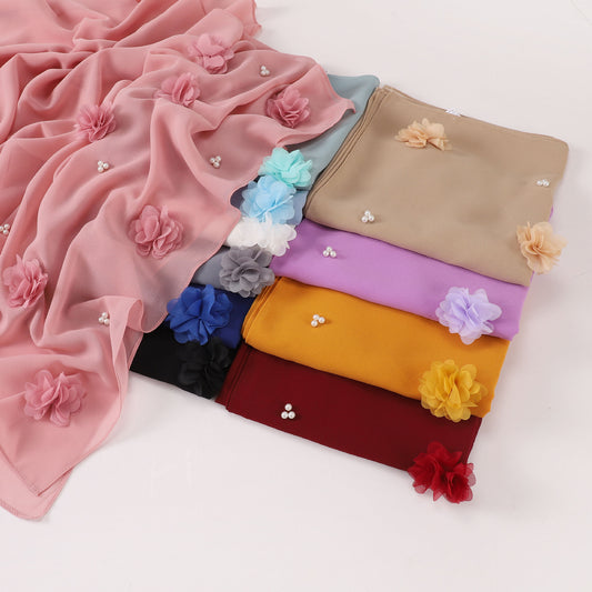 Pearl Chiffon Handmade Sticky Flower Beaded Scarf Hui Gauze