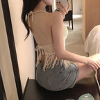 Tassel Lace-Up Slim Fit Suspender Top for Women – Solid Color, Polyester, Free Size