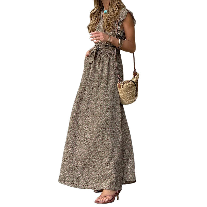 Women’s Floral A-Line Dress – Elegant Brown Mid-Waist Polyester Dress for Office & Casual Wear