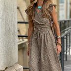 Women’s Floral A-Line Dress – Elegant Brown Mid-Waist Polyester Dress for Office & Casual Wear