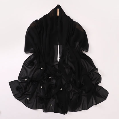 Pearl Chiffon Handmade Sticky Flower Beaded Scarf Hui Gauze